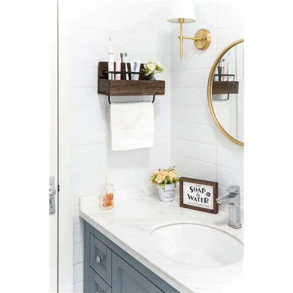 Wall Mounted Toothbrush Holder Wooden Bathroom Organizer Towel Rack Toothpaste